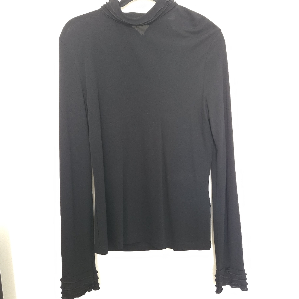 Simon Chang Size Large Sheer Black Long Sleeve Shirt With Ruffle Neck And Cuff